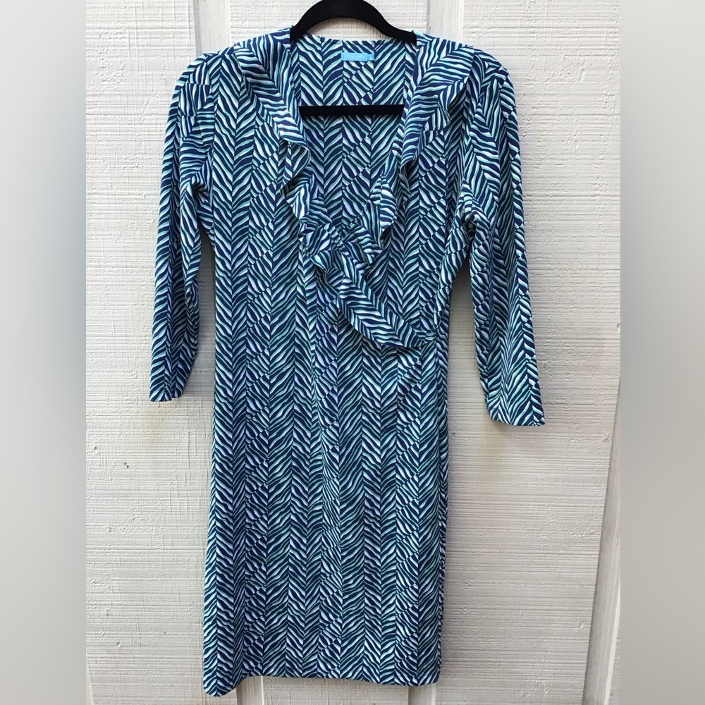 JMcLaughlin green and navy print wrap dress size small.